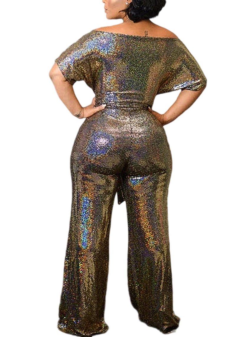 LKOUS Women's Off Shoulder Sequin Jumpsuit Sparkly Short Sleeve High Waisted Wide Leg Romper Beach Vacation Outfits - Image 4